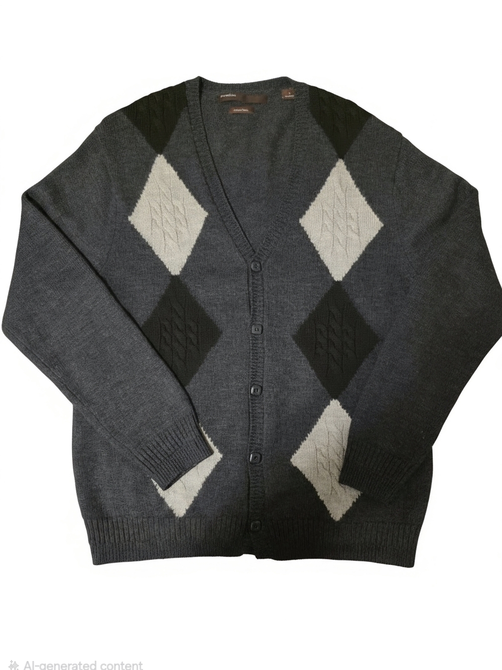 Perry Ellis Charcoal Gray and Black Argyle V-Neck Cardigan